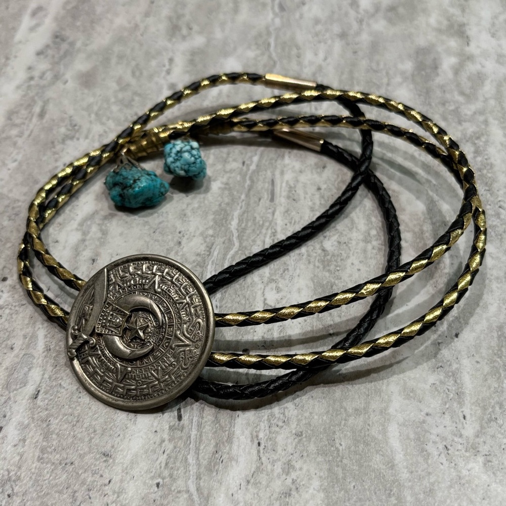 Vintage Bolo Tie Black Gold Cord Silver Aztec Calendar Tribal Native Western